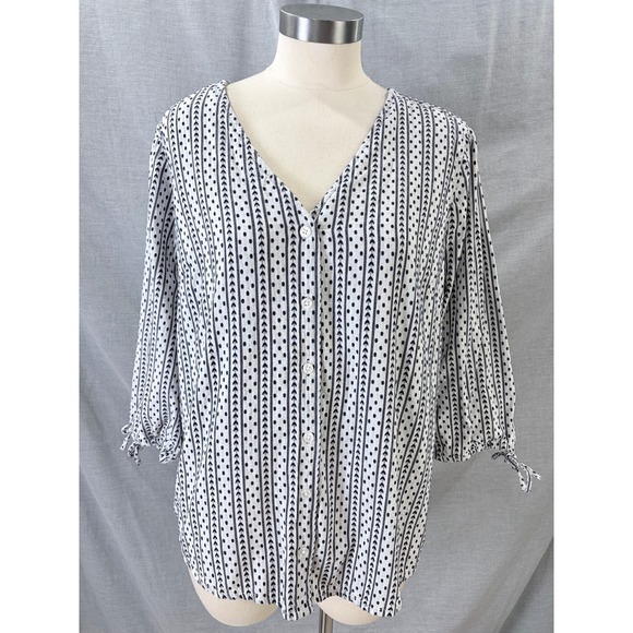Garnet Hill Tops - Garnet Hill Organic Cotton Button Front Blouse Navy White Print Tie Sleeve L